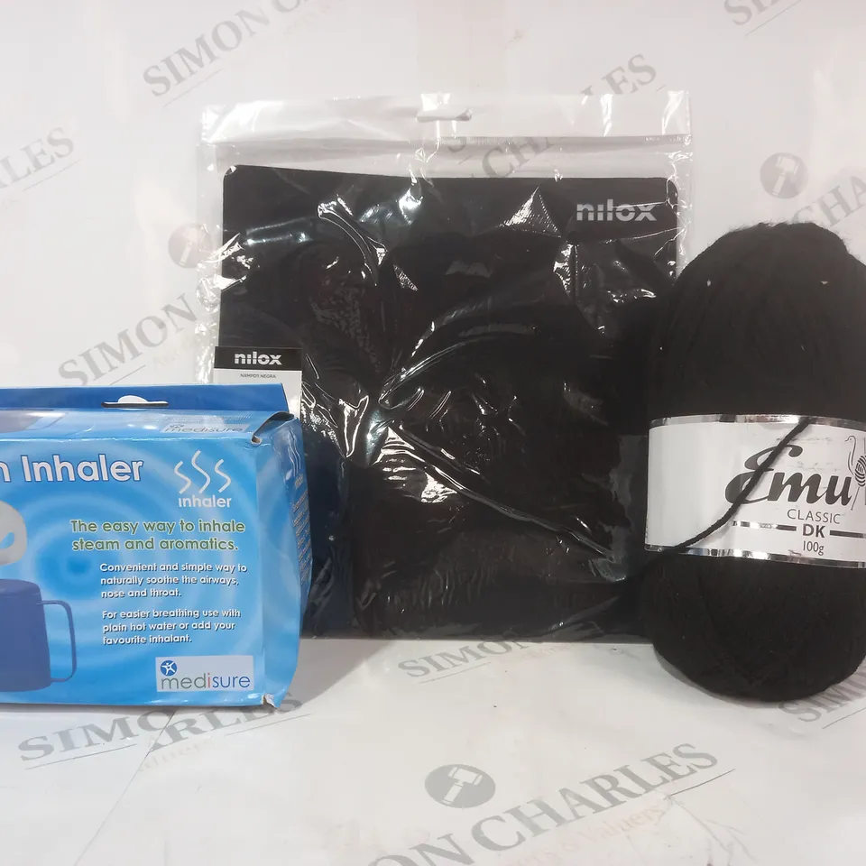 BOX OF APPROXIMATELY 15 ASSORTED HOUSEHOLD ITEMS TO INCLUDE KNITTING YARN IN BLACK, STEAM INHALER, ETC
