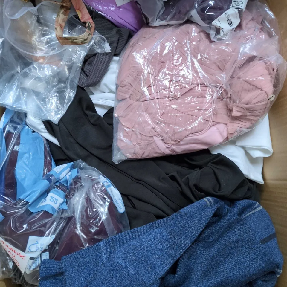 BOX OF APPROXIMATELY 20 ASSORTED CLOTHING ITEMS TO INCLUDE DRESS, TOPS, TROUSERS, ETC