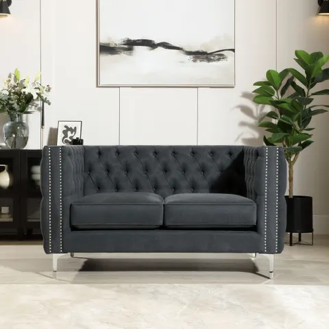 BOXED ALBION 3 SEATER CHESTERFIELD SOFA, GREY PREMIUM FAUX LEATHER (1 BOX)