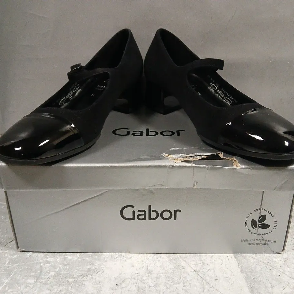 BOXED PAIR OF GABOR CLOSED TOE LOW BLOCK HEEL SHOE SIN BLACK SIZE UK 6
