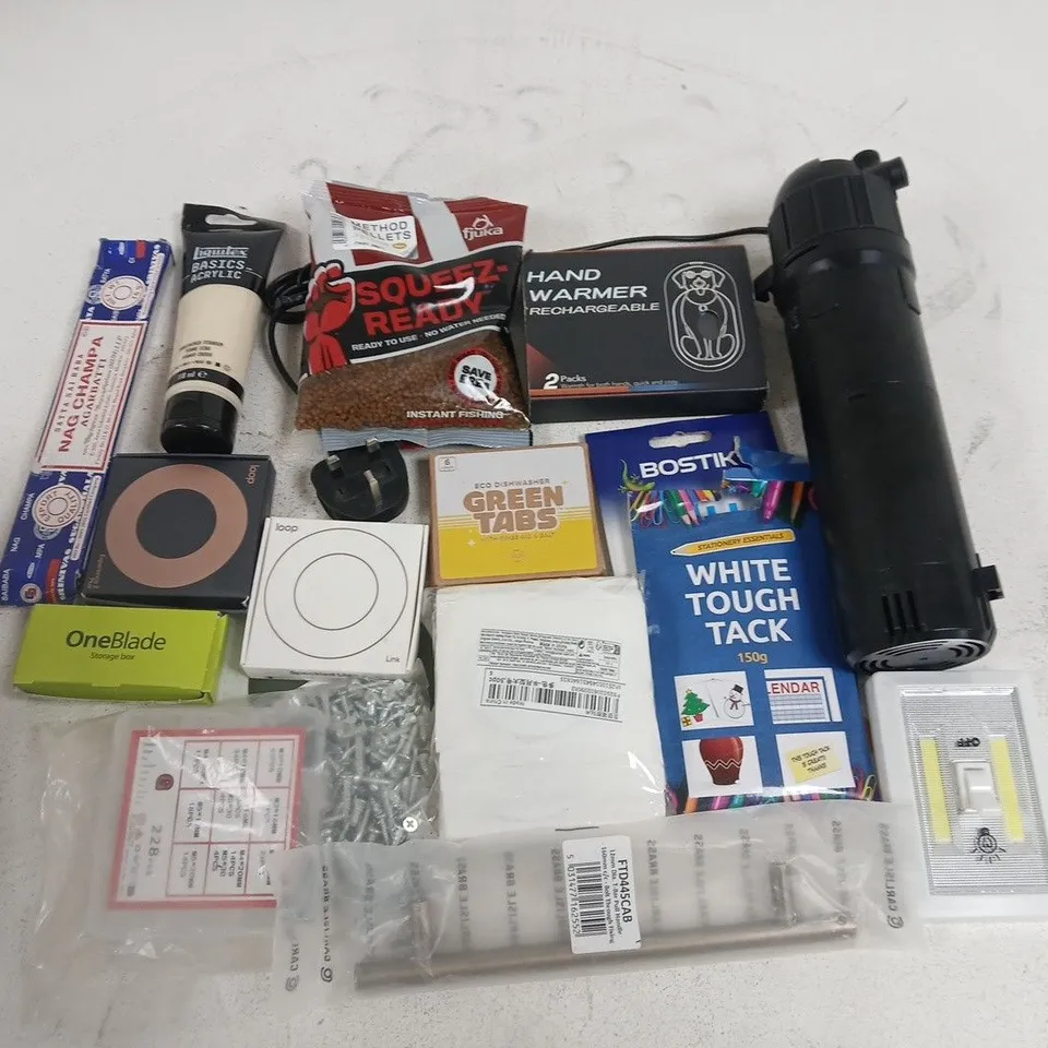 LOT OF ASSORTED HOUSEHOLD ITEMS TO INCLUDE HAND WARMERS, BLUE TACK AND INCENSE STICKS
