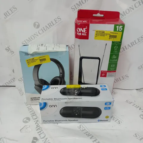 APPROXIMATELY 20 ASSORTED ITEMS TO INCLUDE WIRELESS HEADPHONES, PORTABLE BLUETOOTH SPEAKER, HDTV INDOOR AERIAL ETC.
