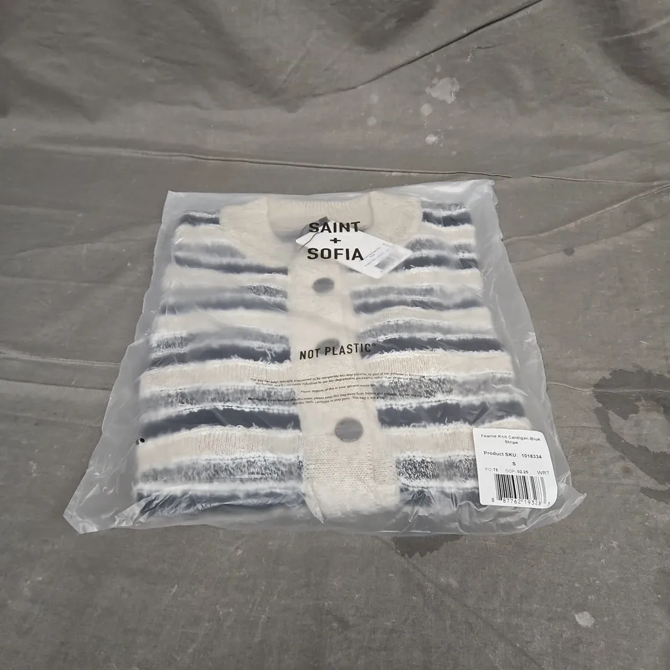 SAINT + SOFIA FEARNE KNIT CARDIGAN IN BLUE STRIPE SIZE S