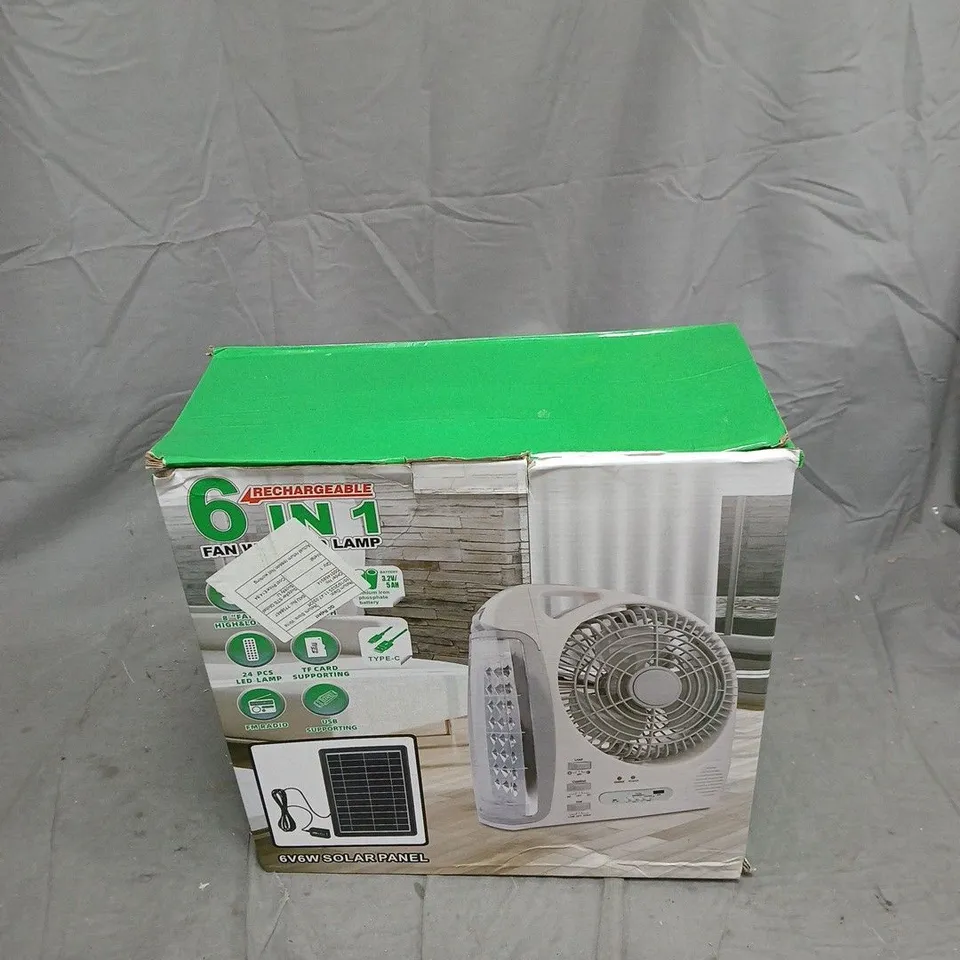 6-IN-1 RECHARGEABLE FAN WITH LED LAMP – SOLAR-POWERED (BOXED)
