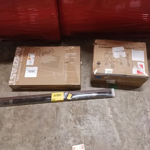 PALLET CONTAINING A LARGE QUANTITY OF ITEMS TO INCLUDE - GAMING MONITOR, FOLDING WAGON, BLINDS ETC