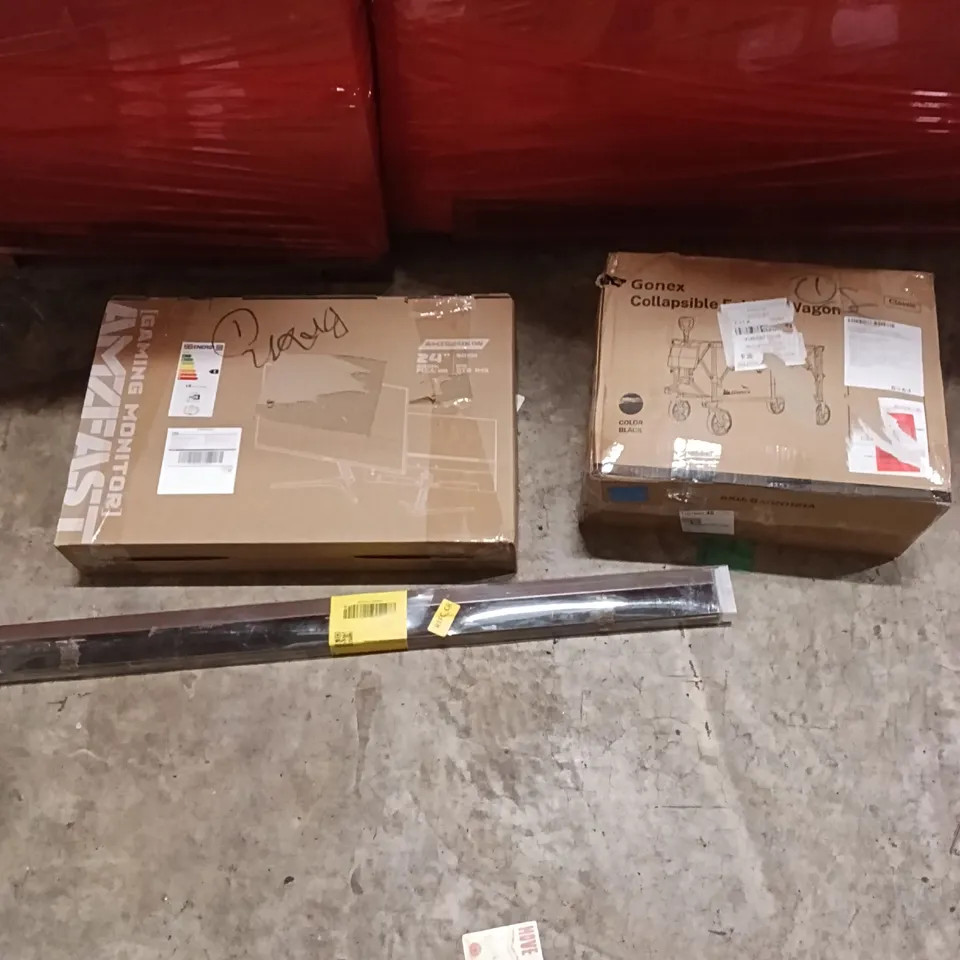PALLET CONTAINING A LARGE QUANTITY OF ITEMS TO INCLUDE - GAMING MONITOR, FOLDING WAGON, BLINDS ETC