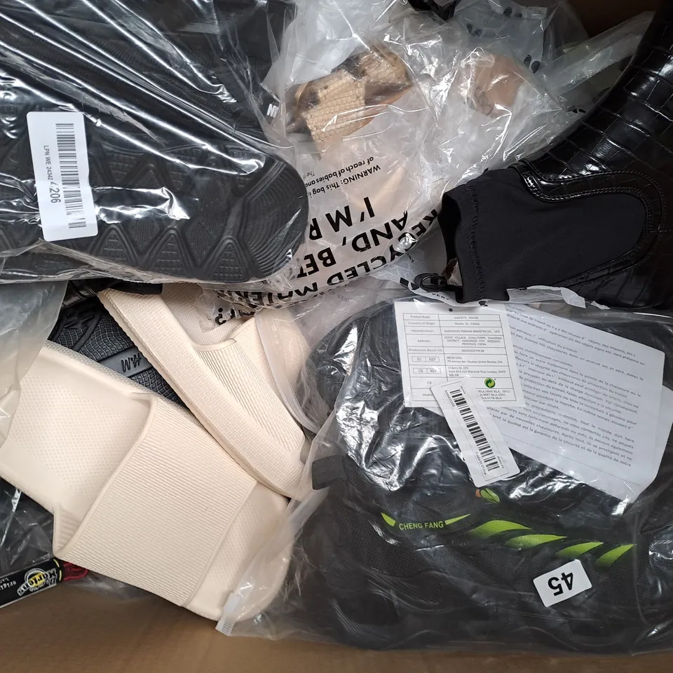 BOX OF APPROXIMATELY 15 ASSORTED PAIRS OF SHOES AND FOOTWEAR ITEMS IN VARIOUS STYLES AND SIZES TO INCLUDE H&M, CLARKS, ETC