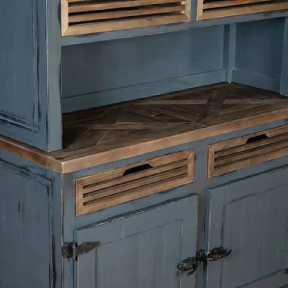 BRAND NEW BOXED HENLEY RECLAIMED LACQUERED PINE TWO DOOR, TWO DRAWER SMALL SIDEBOARD W 120, H 80, D 45cm.