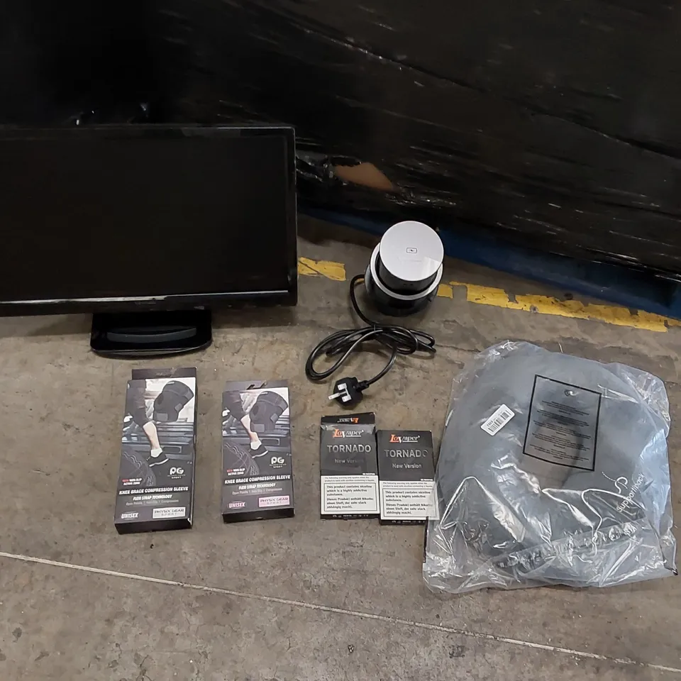 PALLET OF ASSORTED ITEMS INCLUDING: VIEWSONIC MONITOR, POP UP WIRELESS CHARGING PORT/SOCKET , TORNADO VAPES, KNEE BRACE COMPRESSION SLEEVES, SUPPORT PILLOWS ECT