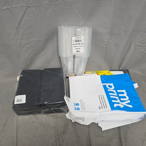 APPROXIMATELY 15 ASSORTED HOUSEHOLD PRODUCTS TO INCLUDE CLEAR PLASTIC PINT TUMBLER, A4 PAPER, NAPKINS, ETC