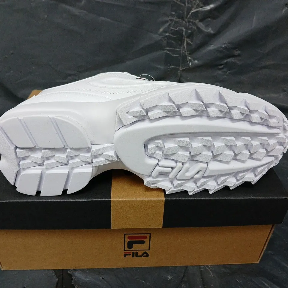 BOXED PAIR OF FILA DISRUPTOR PREMIUM TRAINERS IN WHITE - UK SIZE 9