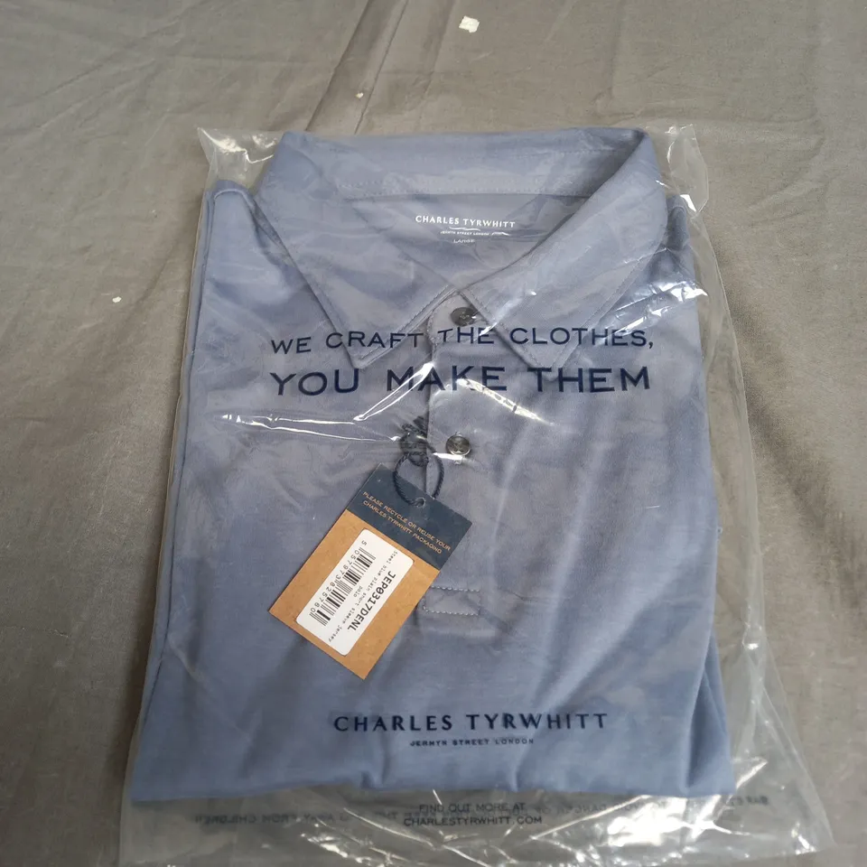 SEALED CHARLES TYRWHITT STEEL BLUE PLAIN SHORT SLEEVE JERSEY POLO - LARGE
