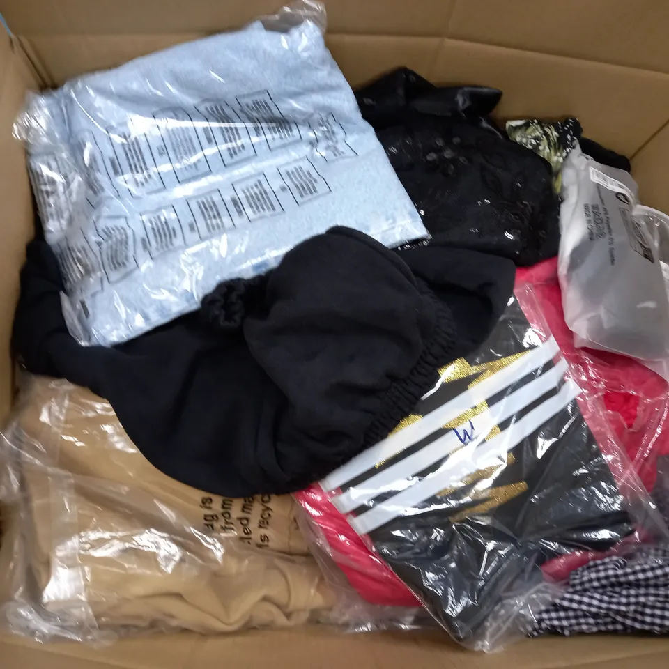 LARGE BOX OF ASSORTED CLOTHING ITEMS IN VARIOUS COLOURS AND SIZES INCLUDING TROUSERS , TOPS AND JUMPERS 