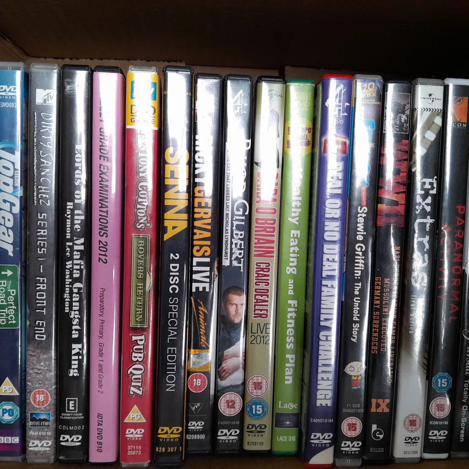 BOX OF APPROXIMATELY 20 ASSORTED DVDS TO INCLUDE BEST OF TOMMY COOPER, TOPGEAR, MUHAMMED ALI, ETC