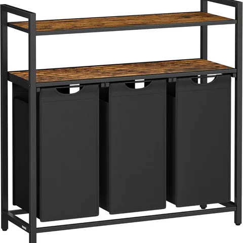 BOXED  VASAGLE LAUNDRY HAMPER WITH 3 PULL-OUT AND REMOVABLE LAUNDRY BAGS, 2 SHELVES, 3×40L , RUSTIC BROWN AND BLACK