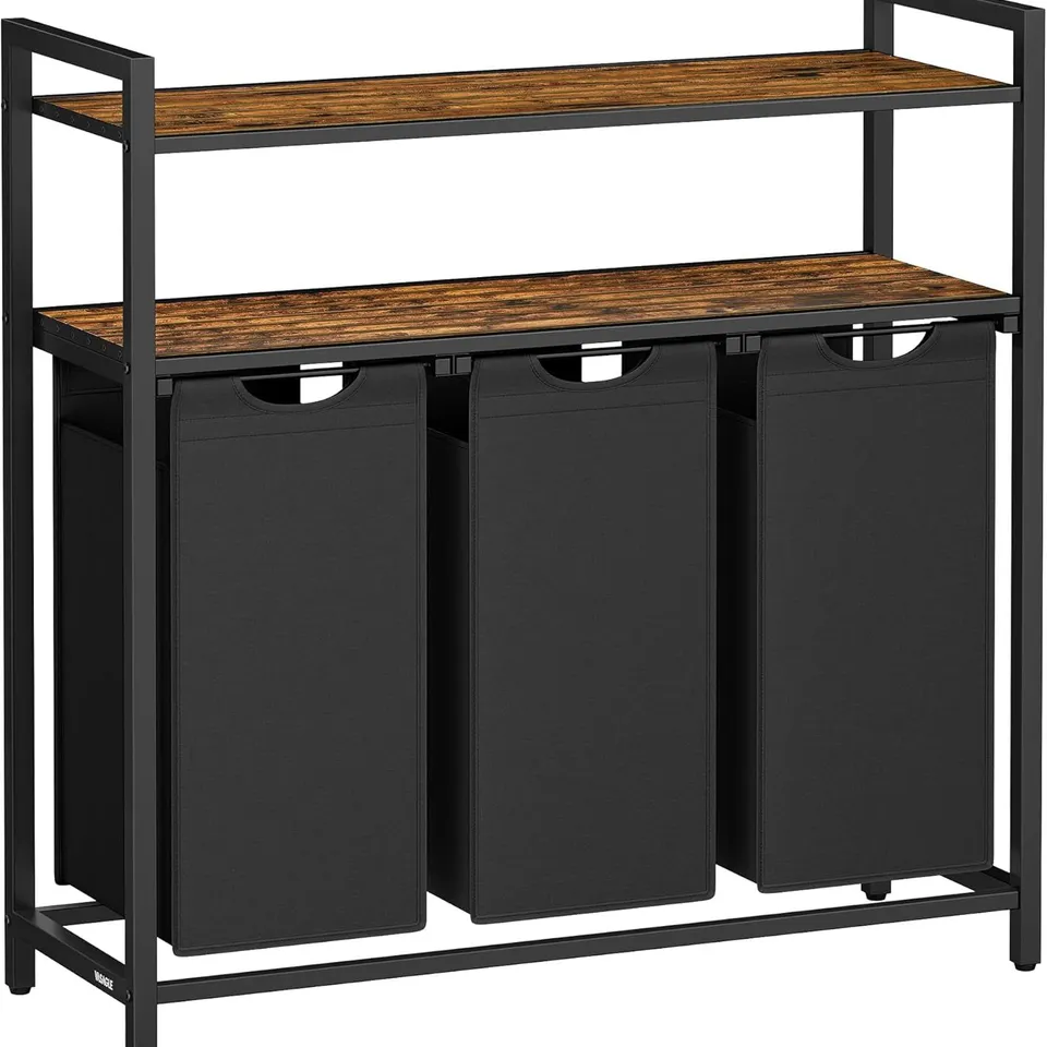 BOXED  VASAGLE LAUNDRY HAMPER WITH 3 PULL-OUT AND REMOVABLE LAUNDRY BAGS, 2 SHELVES, 3×40L , RUSTIC BROWN AND BLACK
