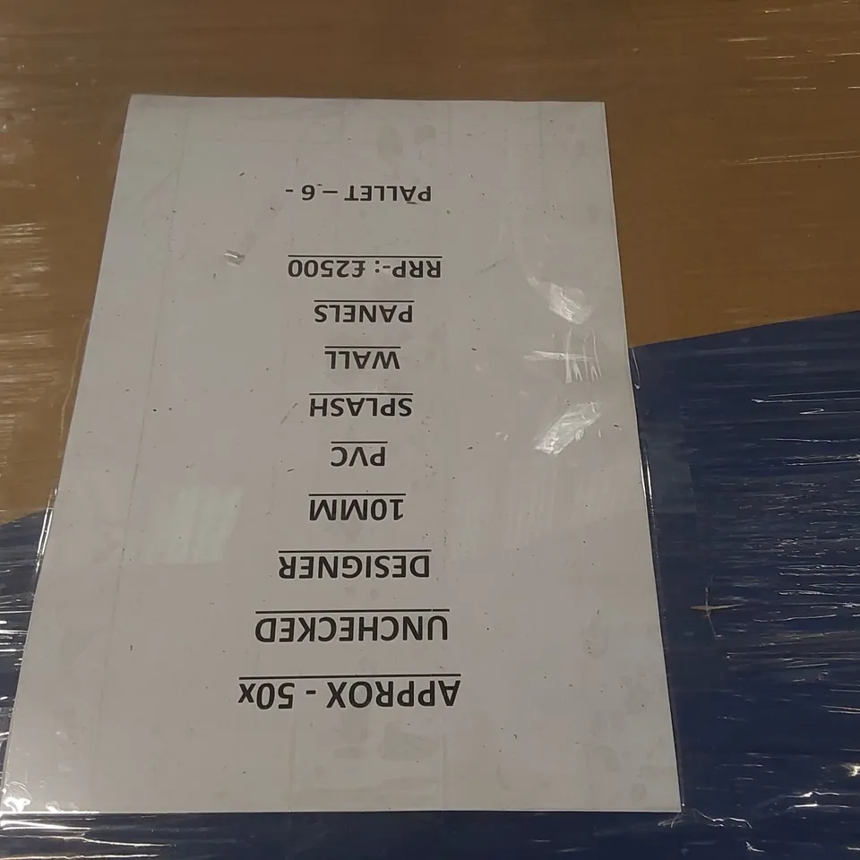 PALLET CONTAINING APPROXIMATELY 50x UNCHECKED DESIGNER 10MM PVC SPLASH WALL PANELS