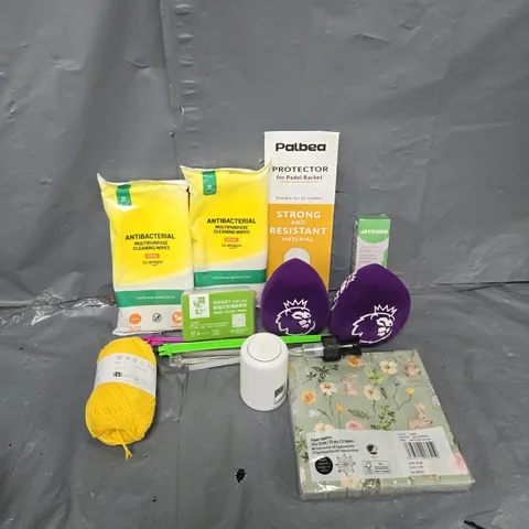 APPROXIMATELY 12 ASSORTED HOUSEHOLD ITEMS TO INCLUDE MULTIPURPOSE CLEANING WIPES, PREMIER LEAGUE MICROPHONE COVERS, FLORAL PAPER NAPKINS, ETC