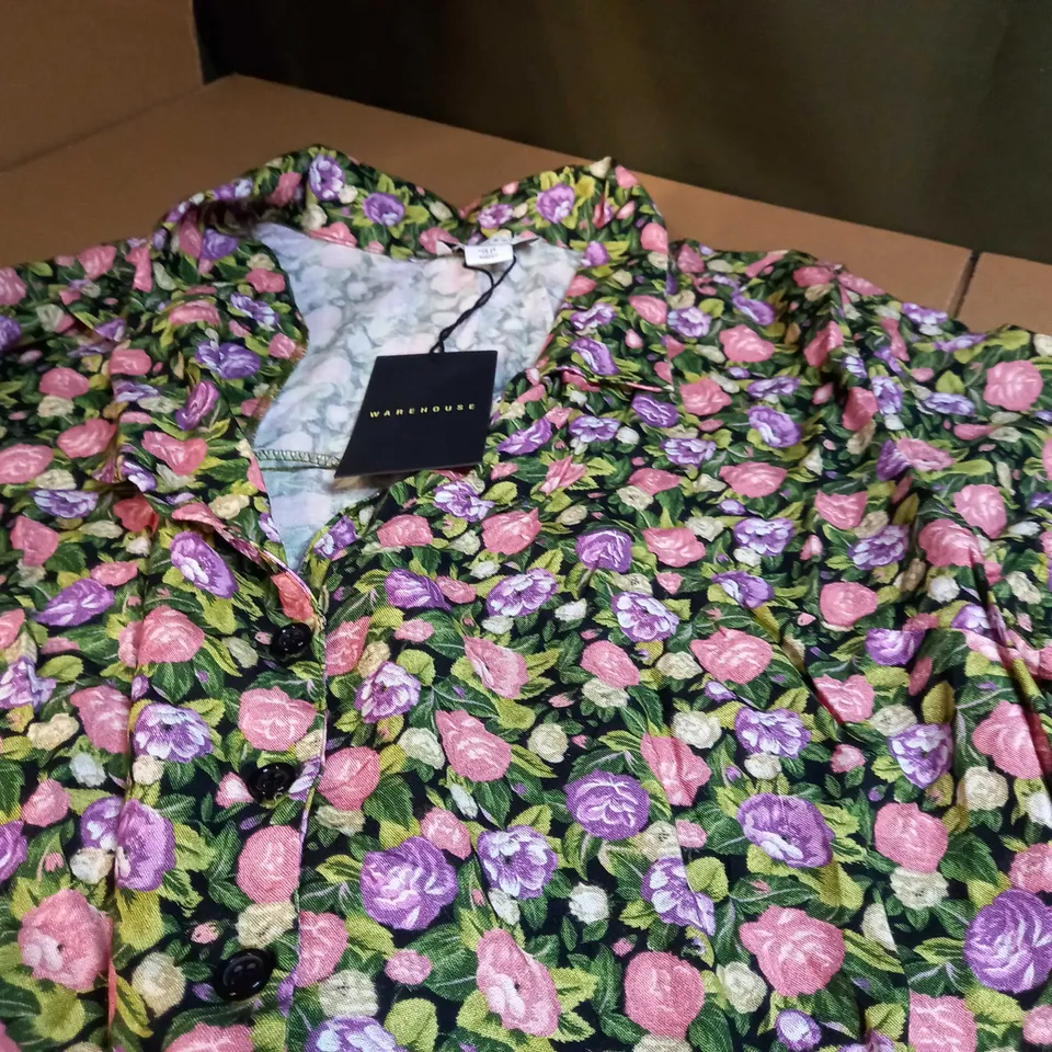 WAREHOUSE BLACK OSE FLORAL BUTTON FRONT TIE MINI DRESS - SIZE 10
