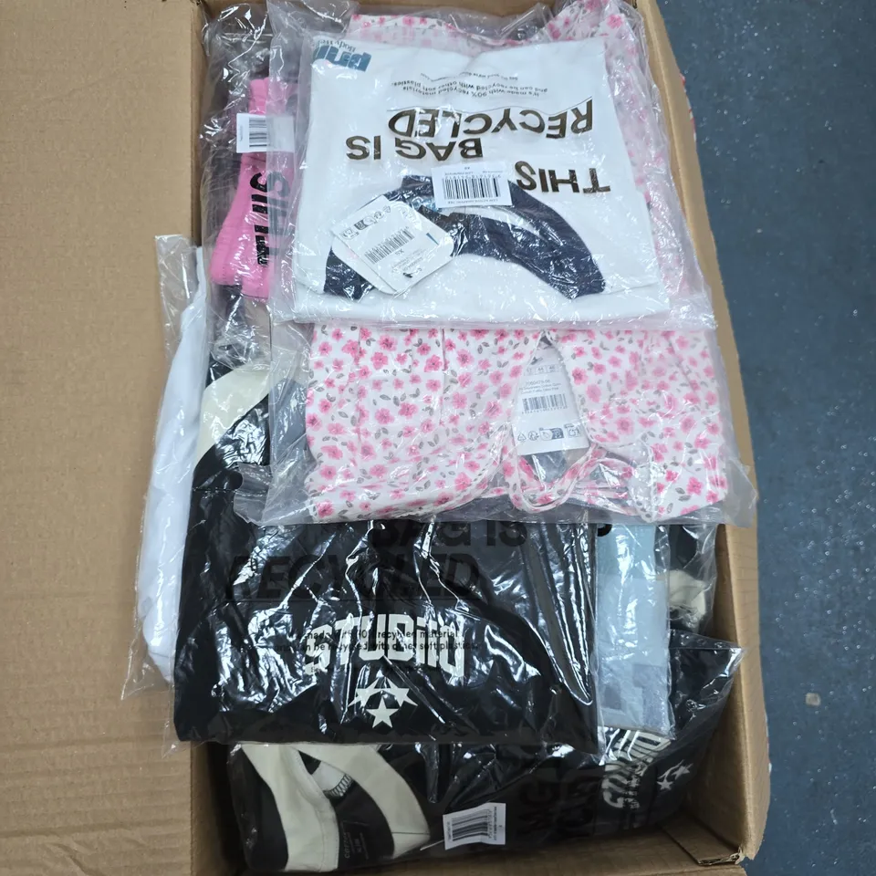 BOX OF APPROXIMATELY 20 PIECES OF ASSORTED COTTON ON CLOTHING ITEMS INCLUDING OFFSIDE WOVEN MICRO SHORT, ACTIVE GRAPHIC TEE AND CROPPED FIT GRAPHIC T-SHIRT