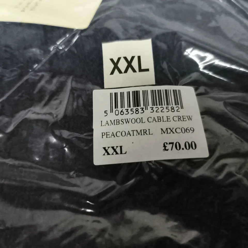 BAGGED CREW CLOTHING COMPANY LAMBSWOOL CABLE CREW NECK JUMPER - PEACOAT - XXL 