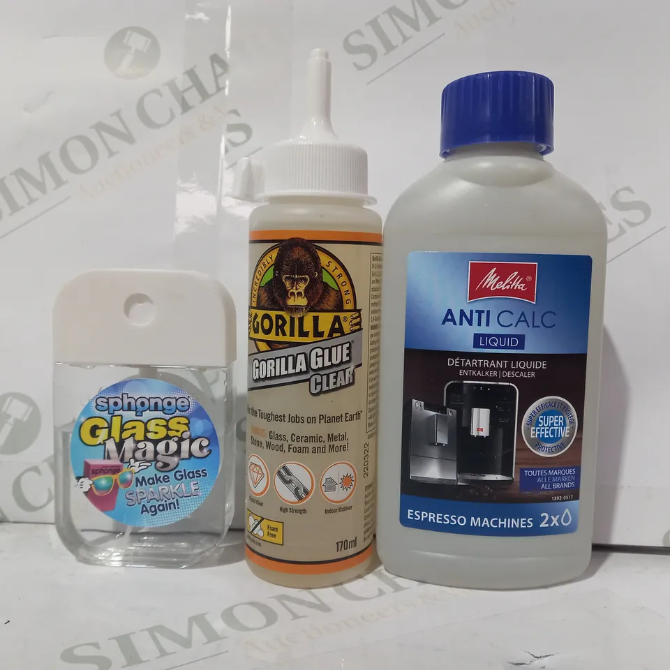 LOT OF APPROXIMATELY 10 ASSORTED HOUSEHOLD ITEMS TO INCLUDE GORILLA GLUE, ANTI CALC LIQUID, GLASS MAGIC, ETC - COLELCTION ONLY