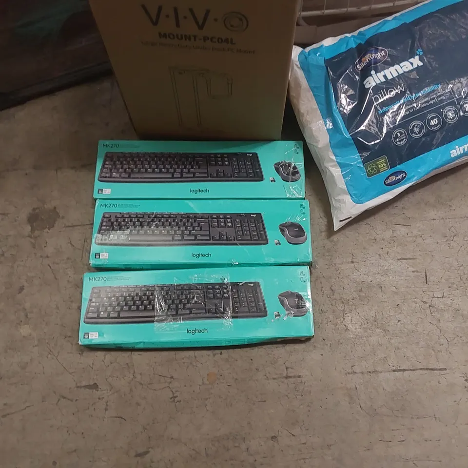 PALLET OF ASSORTED ITEMS TO INCLUDE: LOGITECH Z623 COMPUTER SPEAKER SYSTEM, LOGITECH WIRELESS KEYBOARD + MOUSE SETS, HEAVY DUTY UNDER DESK PC MOUNT, CLOTHES AIRER, SILENTNIGHT PILLOW ECT
