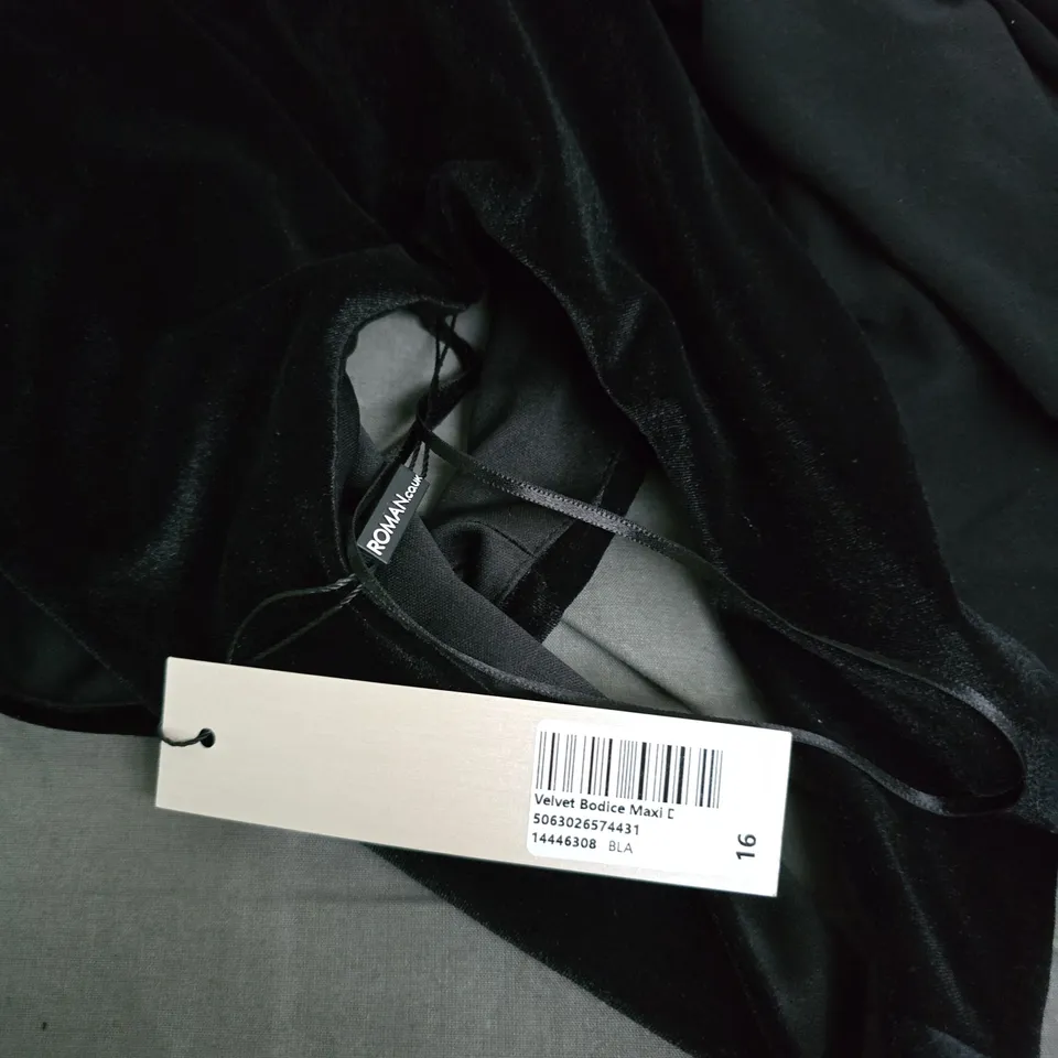 ROMAN VELVET BODICE MAXI DRESS - BLACK VELVET TOP WITH GREY SKIRT, UK 16