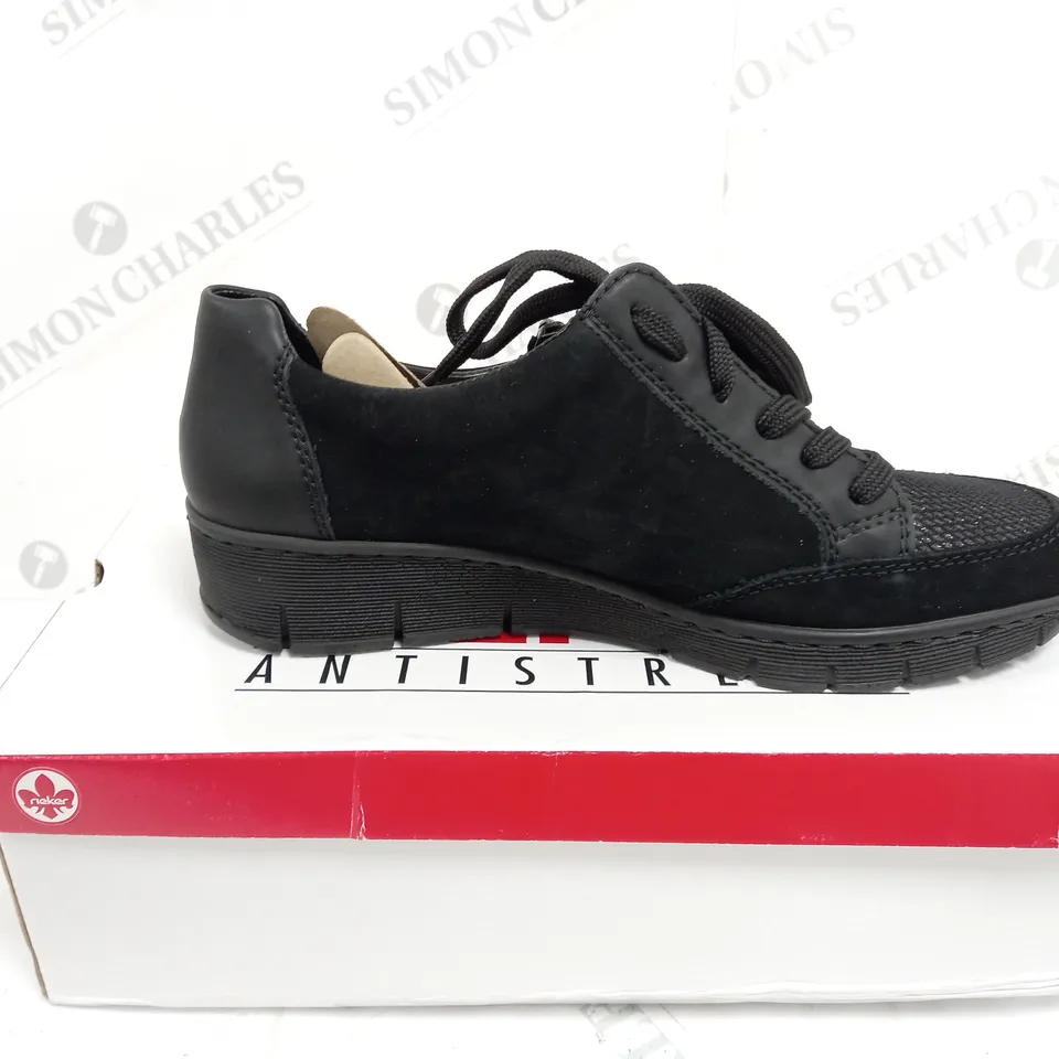 BOXED PAIR RIEKER WEDGE TRAINER IN BLACK, UK SIZE 7.5
