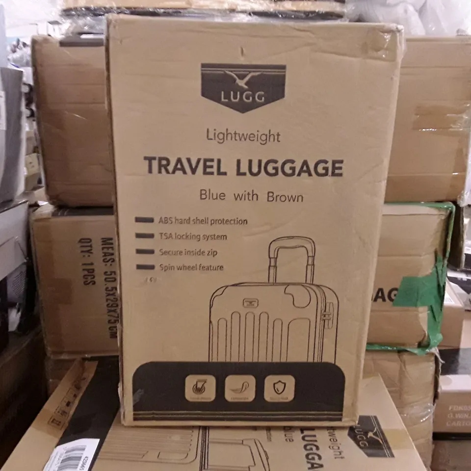 BOXED LUGG JET LIGHT WEIGHT TRAVEL LUGGAGE SUITCASE- BLUE WITH BROWN 