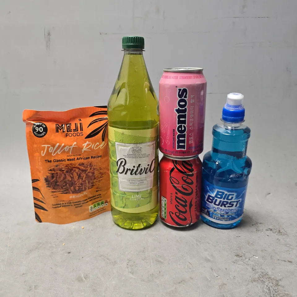 APPROXIMATELY 8 ASSORTED FOOD & DRINK ITEMS TO INCLUDE -MENTOS , MEJI FOODS JOLLOF RICE , COCA COLA ETC