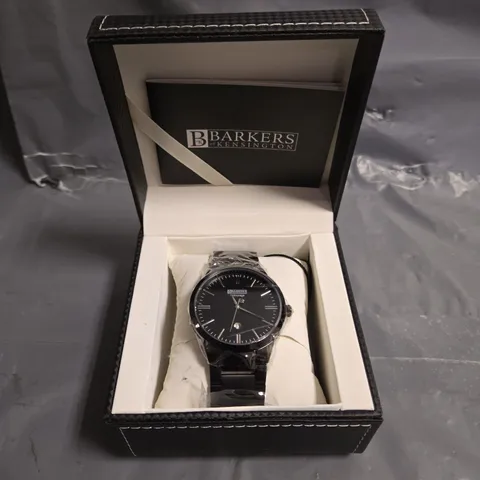 BOXED BARKERS OF KENSINGTON ENTOURAGE STEEL WATCH IN BLACK
