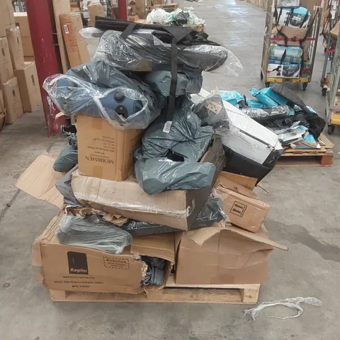 PALLET OF ASSORTED CONSUMER PRODUCTS/FURNITURE PARTS INCLUDING: COAT HANGERS, PEDESTAL FAN, FOAM ROLLER ECT 