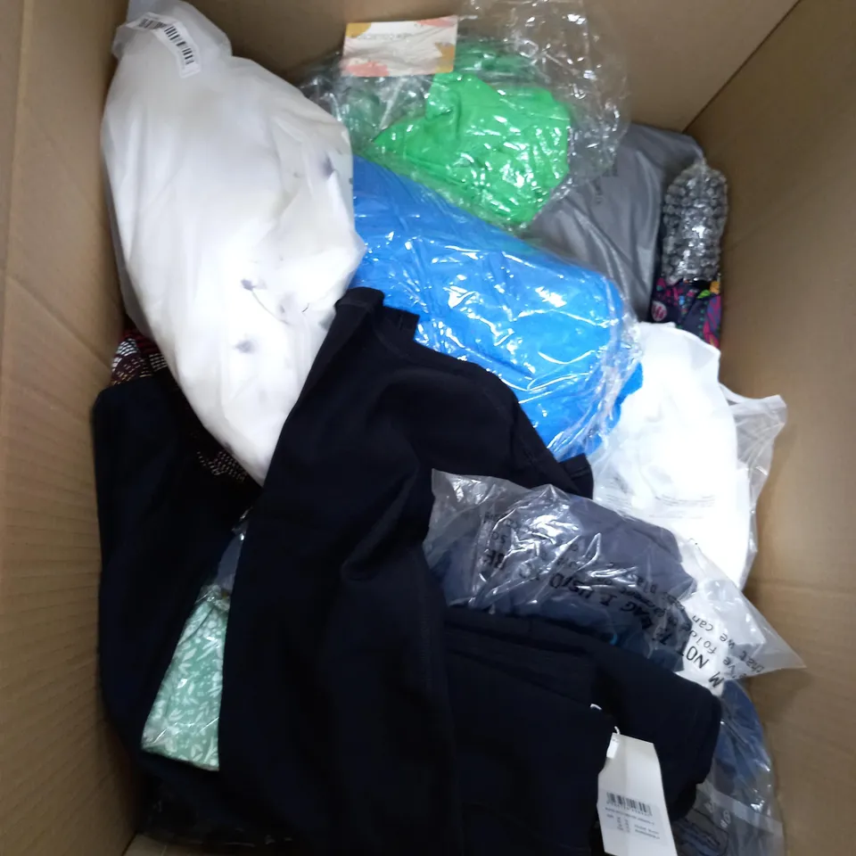 LARGE BOX OF ASSORTED CLOTHING ITEMS IN VARIOUS COLOURS AND SIZES INCLUDING TROUSERS , TOPS AND JUMPERS 