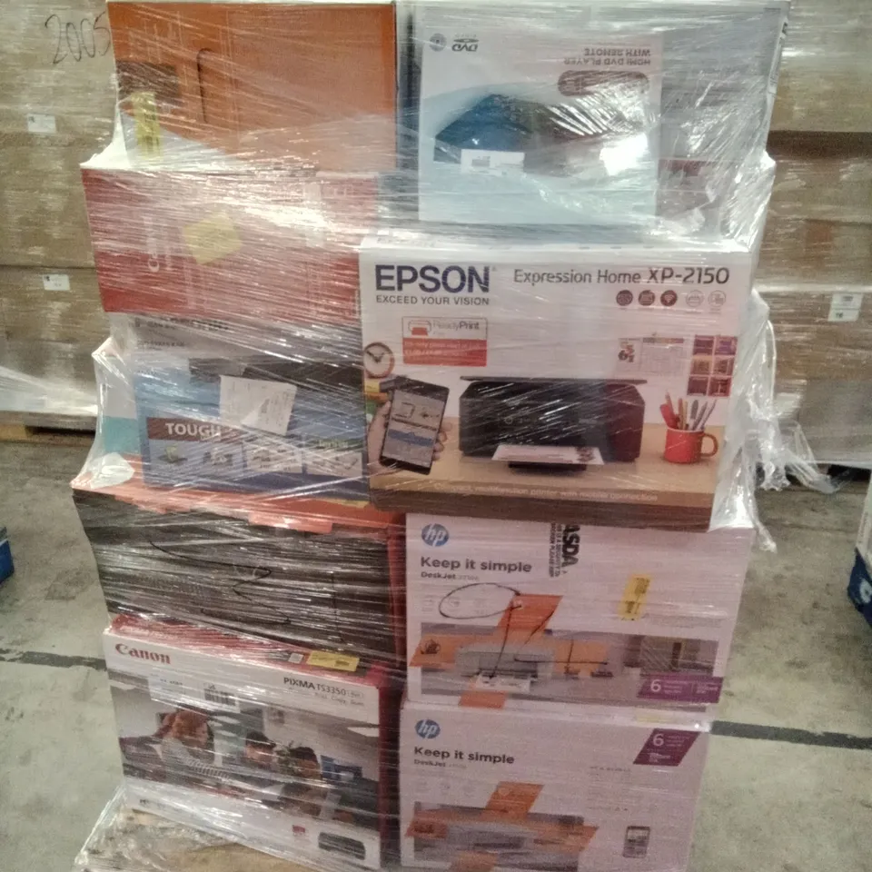 PALLET OF ASSORTED ELECTRONICS INCLUDING HDMI DVD PLAYER WITH REMOTE, CANON PIXMA, HP DESK JET, ONN PORTABLE AM/FM RADIO, ONE FOR ALL HDMI SWITCHER, BLACK WEB WIRELESS CHARGING PAD