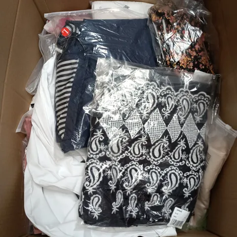 BOX OF APPROXIMATELY 25 ASSORTED CLOTHING ITEMS IN VARIOUS STYLES , COLOURS AND SIZES