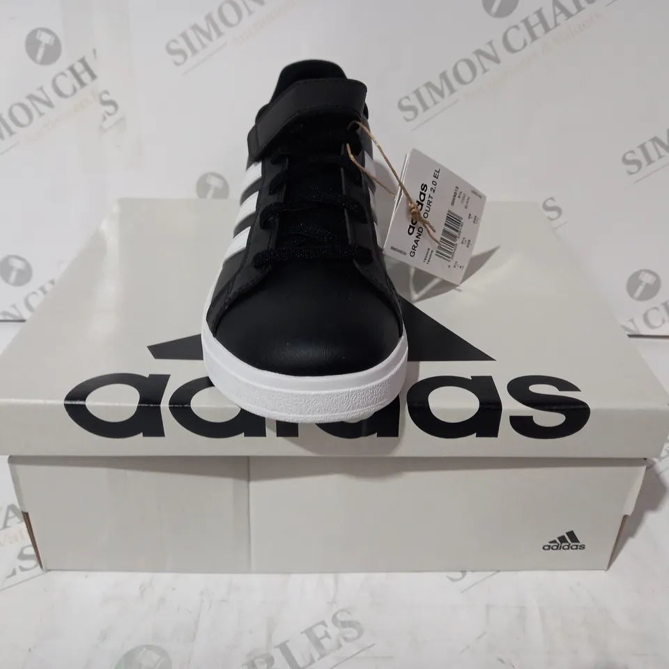 BOXED PAIR OF ADIDAS GRAND COURT 2.0 KIDS SHOES IN BLACK/WHITE UK SIZE 3.5