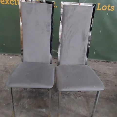 PAIR OF CHROME FRAMED UPHOLSTERED DINING CHAIRS GREY PLUSH FABRIC 