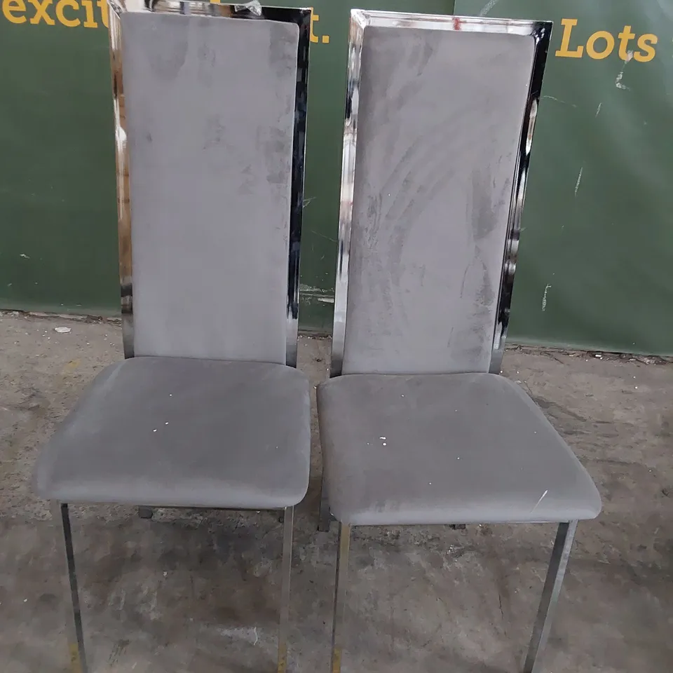 PAIR OF CHROME FRAMED UPHOLSTERED DINING CHAIRS GREY PLUSH FABRIC 