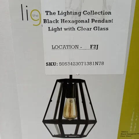 BOXED THE LIGHTING COLLECTION BLACK HEXAGONAL PENDANT LIGHT WITH CLEAR GLASS