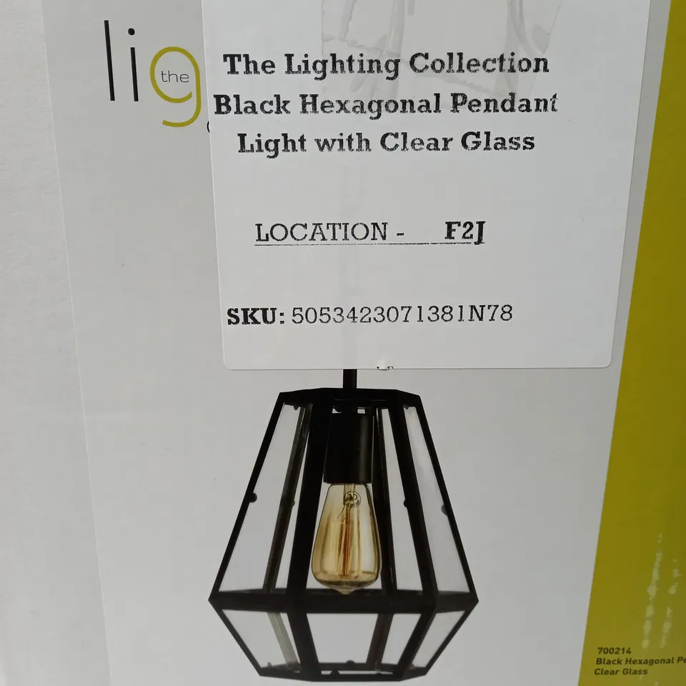 BOXED THE LIGHTING COLLECTION BLACK HEXAGONAL PENDANT LIGHT WITH CLEAR GLASS