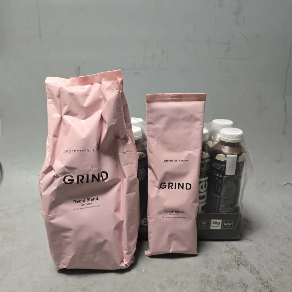 APPROXIMATELY 8 ASSORTED DRINKS ITEMS TO INCLUDE - GRIND HOUSE BLEND ,  GRIND DECAF BLEND , HUEL CHOCOLATE ETC
