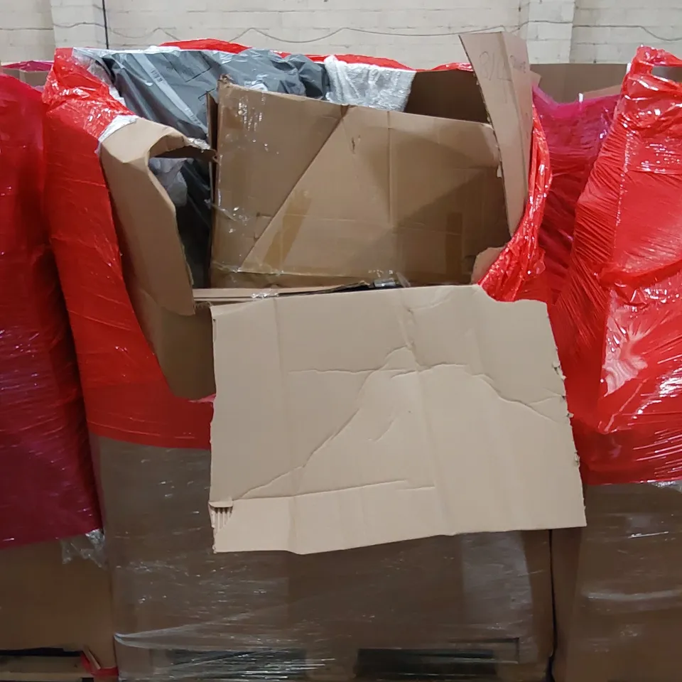 PALLET OF ASSORTED HOUSEHOLD ITEMS AND CONSUMER PRODUCTS. INCLUDING ELECTRIC STAND DESK, BOXED FURNITURE ETC 
