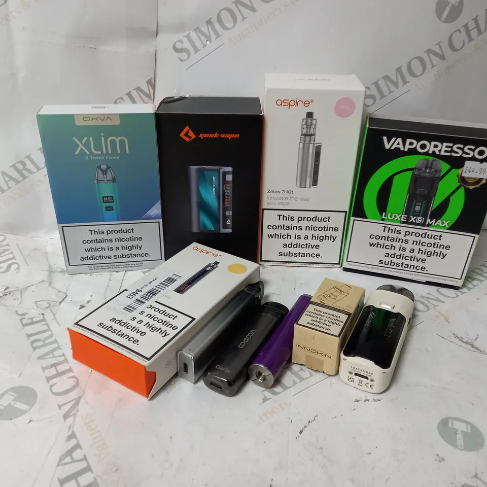 APPROXIMATELY 10 ASSORTED E-CIG PRODUCTS TO INCLUDE GEEKVAPE, ASPIRE, VAPORESSO ETC. 