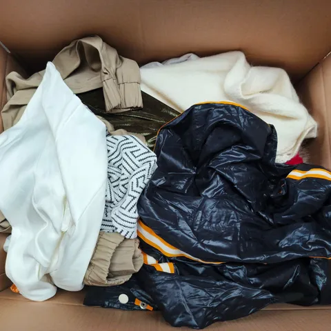 LARGE BOX OF APPROXIMATELY 25 ASSORTED CLOTHING ITEMS IN VARIOUS COLOURS, STYLES AND SIZES - COLLECTION ONLY