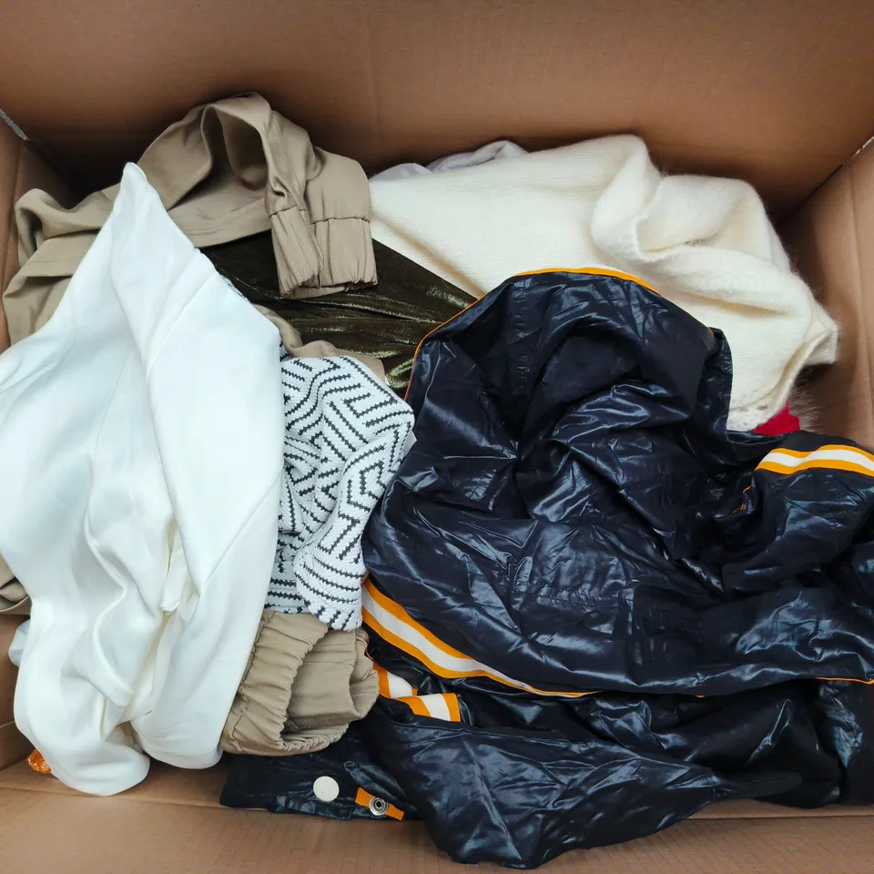 LARGE BOX OF APPROXIMATELY 25 ASSORTED CLOTHING ITEMS IN VARIOUS COLOURS, STYLES AND SIZES - COLLECTION ONLY