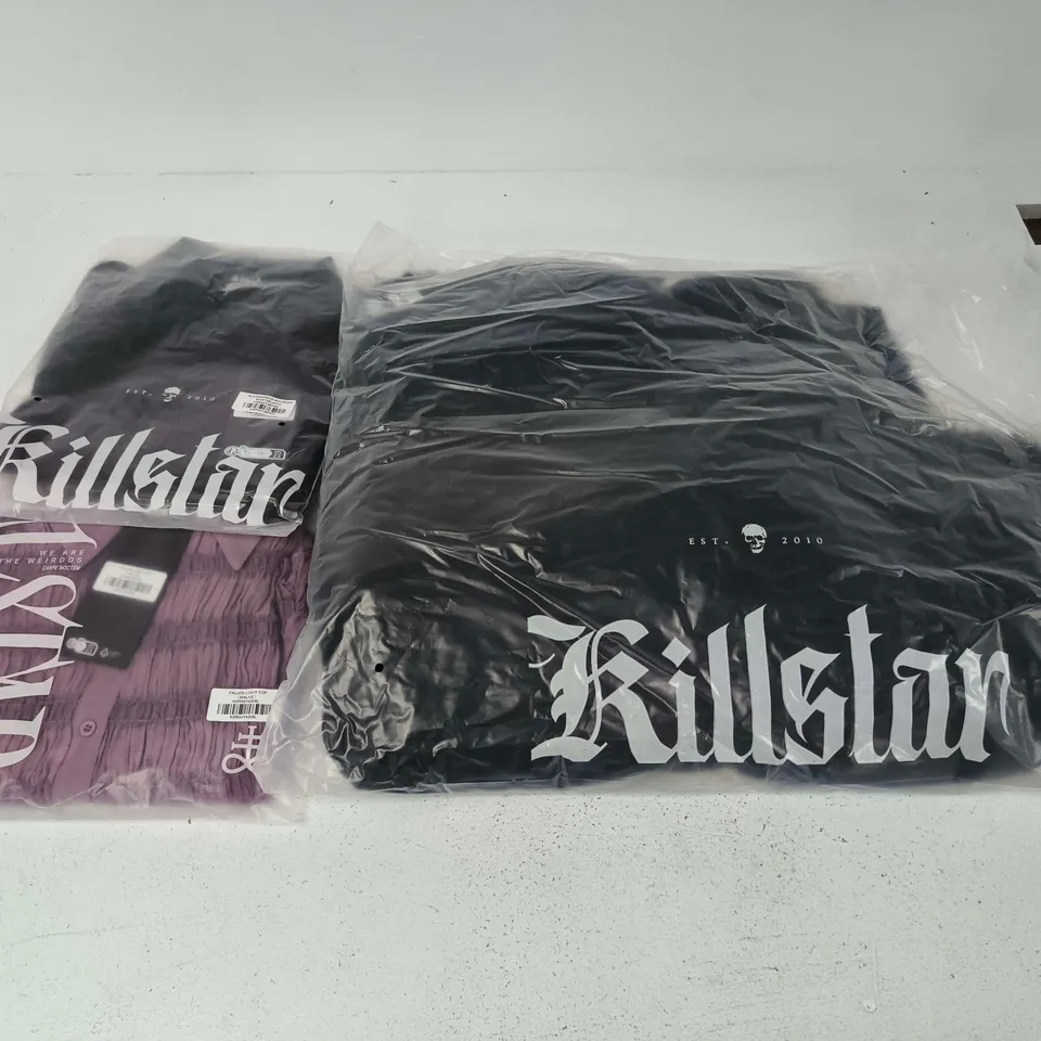 LOT OF APPROXIMATELY 24 BRAND NEW KILLSTAR CLOTHING ITEMS TO INCLUDE FALLEN LIGHT TOP AND DARK AURA CLOAK - VARIOUS SIZES