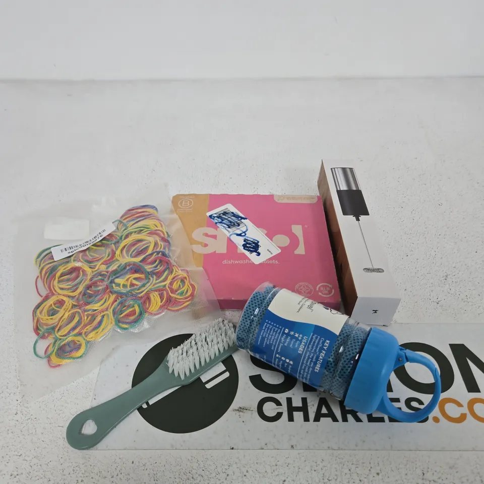 APPROXIMATELY 10 ASSORTED HOUSEHOLD PRODUCTS TO INCLUDE DISHWASHER TABLETS, BRUSH, FROTHER ETC