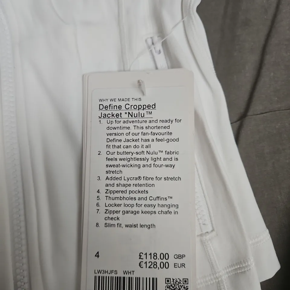 LULULEMON DEFINE CROPPED JACKET – WHITE – SIZE 4 (NULU FABRIC)