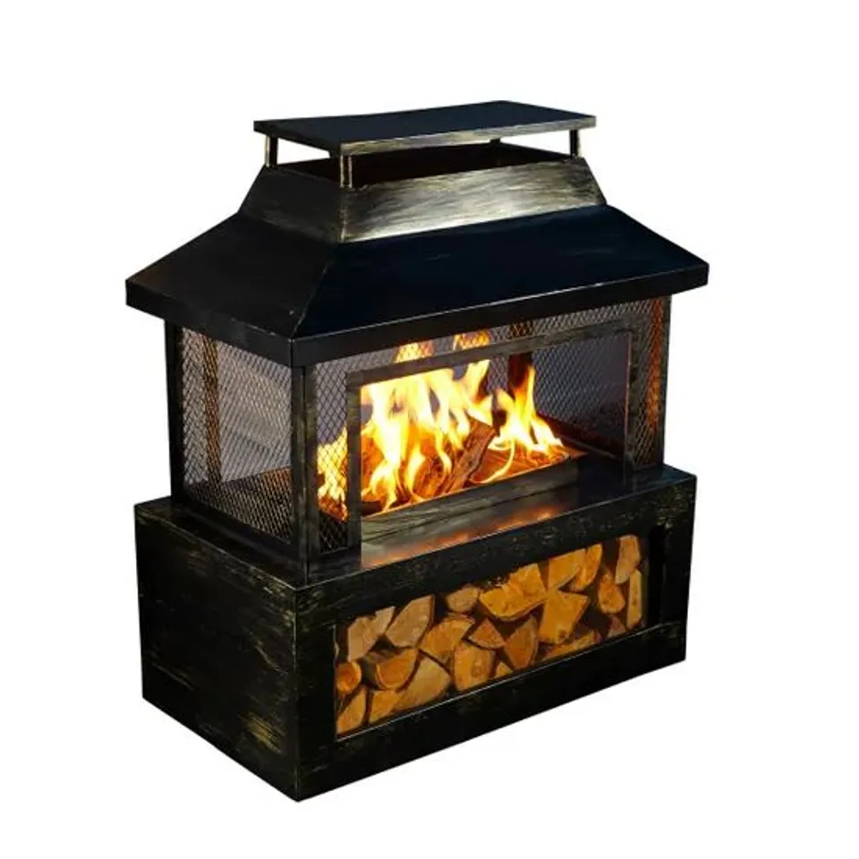 BOXED NEO BLACK OUTDOOR FIRE PIT LOG BURNER WITH MESH SURROUND AND STORAGE (1 BOX) - COLLECTION ONLY